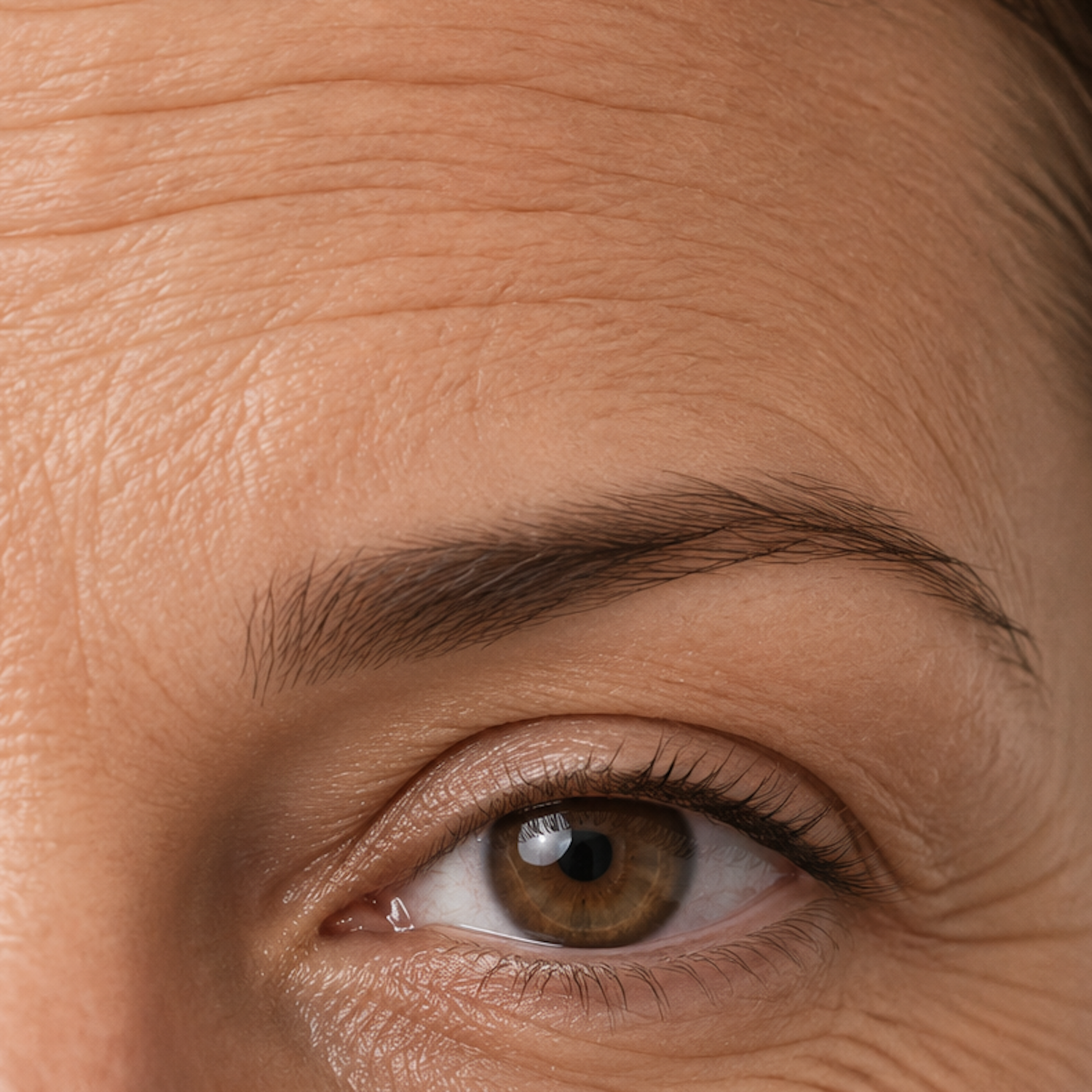 Close-up forehead wrinkles and delicate under-eye fine-lines